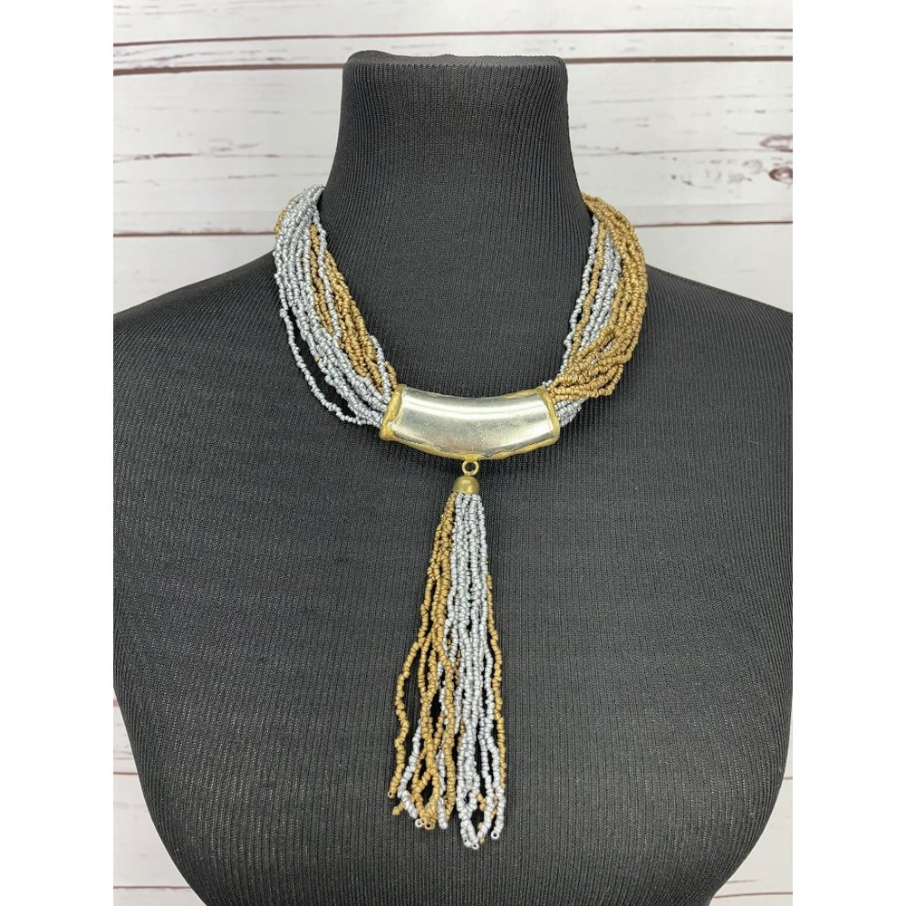 Beaded Boho Statement Piece Sliver Blue Bronze Color Tribal Choker Necklace